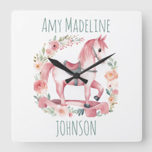 Carrée Jolie horloge de pépinière de cheval à bascule ros