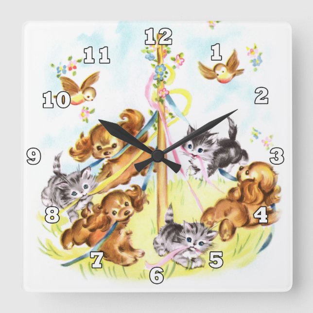 Carrée Jolies chiots et chatons déco maison horloge mural (Recto)