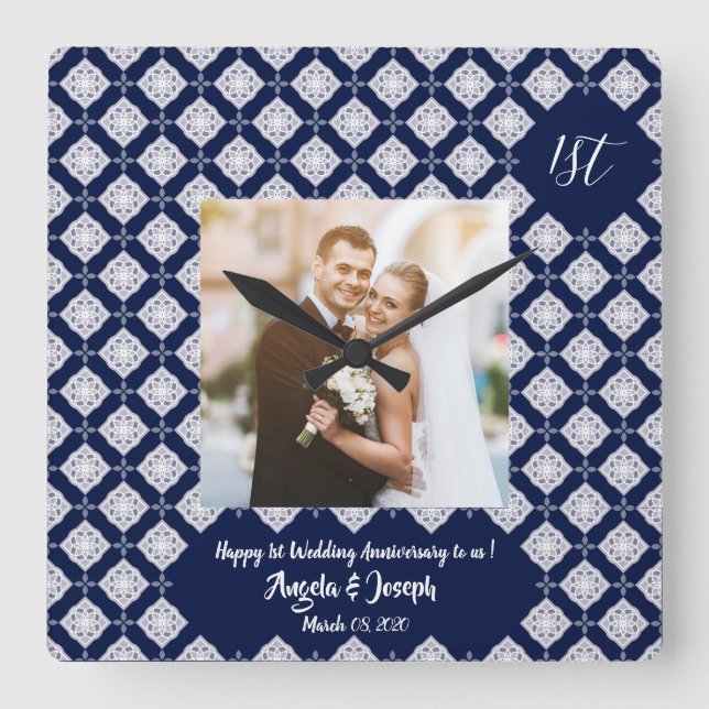 Carrée Joyeux 1er anniversaire photo décorative Horloge (Recto)