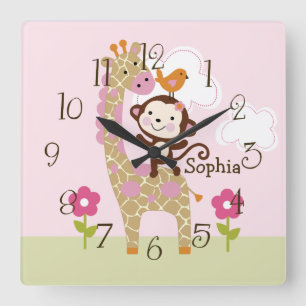 Carrée Jungle Fille Animal Enfant's Baby Nursery Horloge