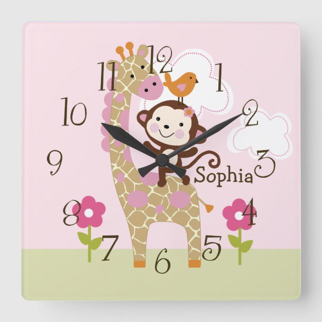 Carrée Jungle Fille Animal Enfant's Baby Nursery Horloge (Recto)