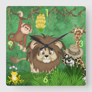 Carrée Jungle Safari Mur Horloge Enfants Salle
