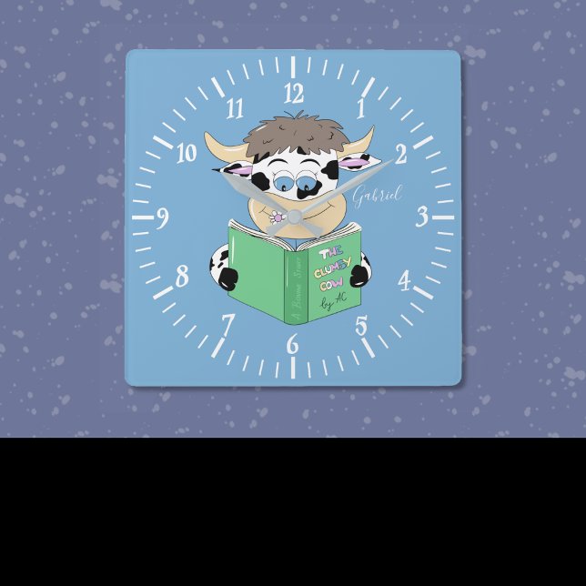 Carrée Lecture du dessin Vache Boy Blue Carré Horloge mur (Cartoon reading cow blue square wall clock . )