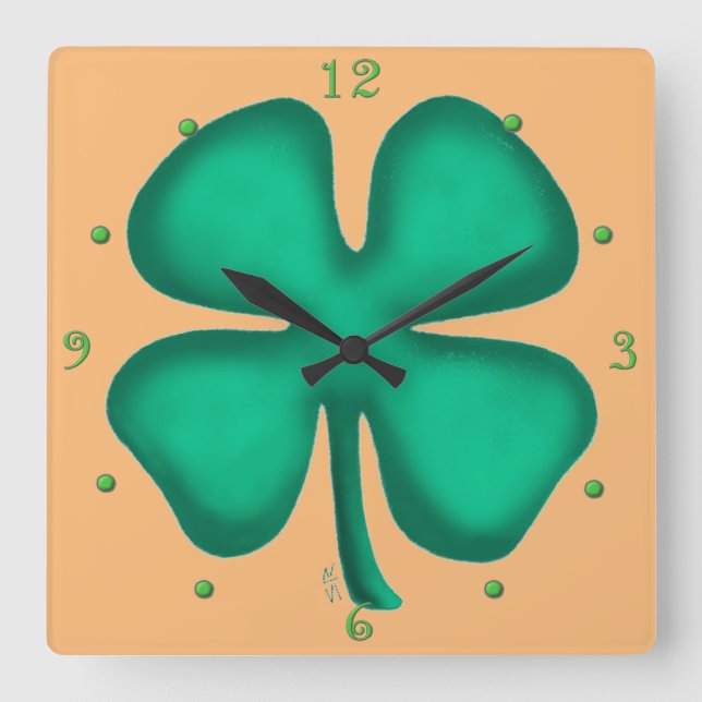 Carrée Lucky 4 Leaf Irlandais Clover tan carré horloge mu (Recto)