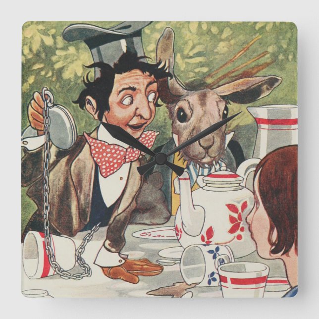 Carrée Mad Hatter Vintage Peinture Mur Horloge (Recto)