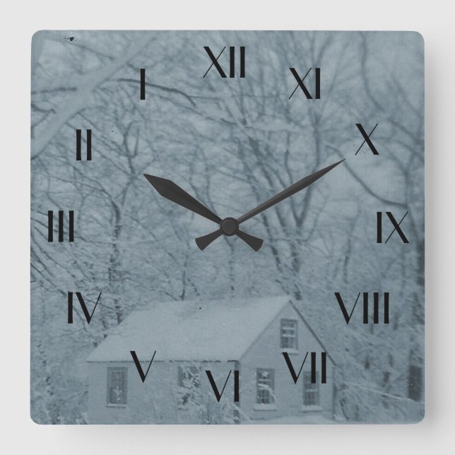 Carrée Maison de poupée dans la tempête de neige horloge  (Recto)