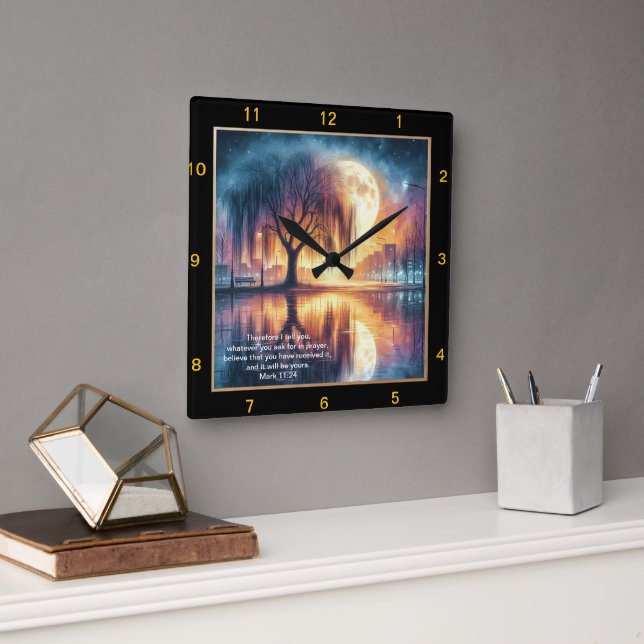 Carrée Mark 11:24 Horloge de prière Personnaliser Croire  (Bureau)