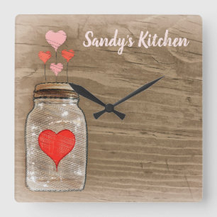Carrée Mason Jar et les coeurs Horloge de cuisine personn