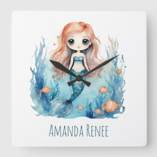 Carrée Mermaid Kids Baby Nursery Horloge