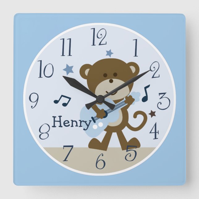 Carrée Monkey Rockstar/Musical Kid's Baby Nursery Horloge (Recto)