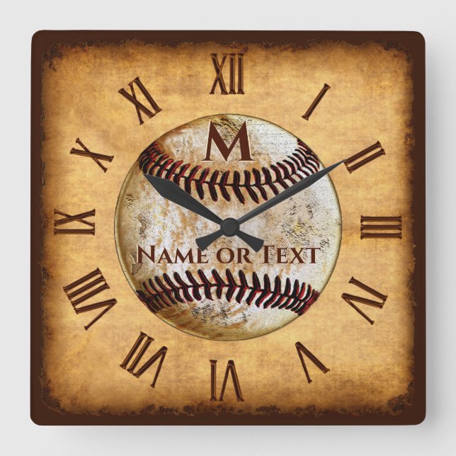 Carrée Monogramme Cool et Horloge de Baseball Personnalis (Recto)