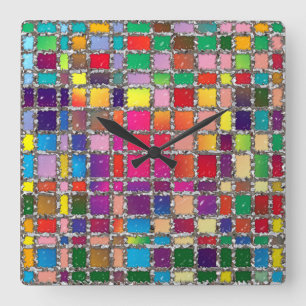 Carrée Motif de fenêtre en verre tendu Horloge multicolor