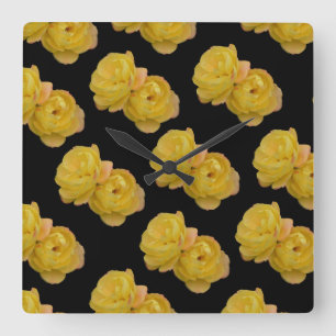 Carrée Motif De Rose Jaune Et Noir, Grande Horloge Mur.
