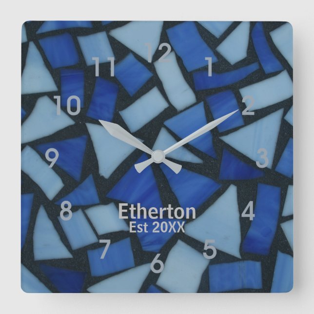 Carrée Motif en mosaïque de verre bleu Acrylique Horloge  (Recto)
