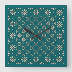 Carrée Motif Fleur, Crème, Turquoise foncé : horloge mura