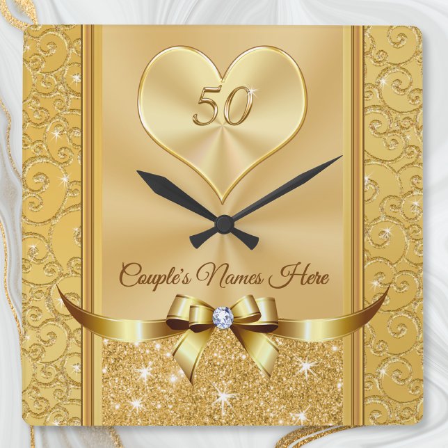 Carrée Noms de couple sur la magnifique horloge du 50e an (50th wedding anniversary wall clock. Wonderful, golden anniversary gift ideas for friends, couple.)