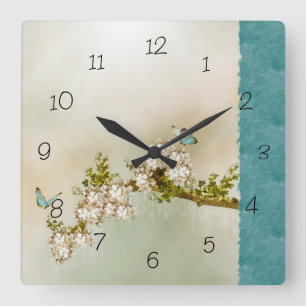 Carrée Papillon serein turquoise numéroté horloge mural