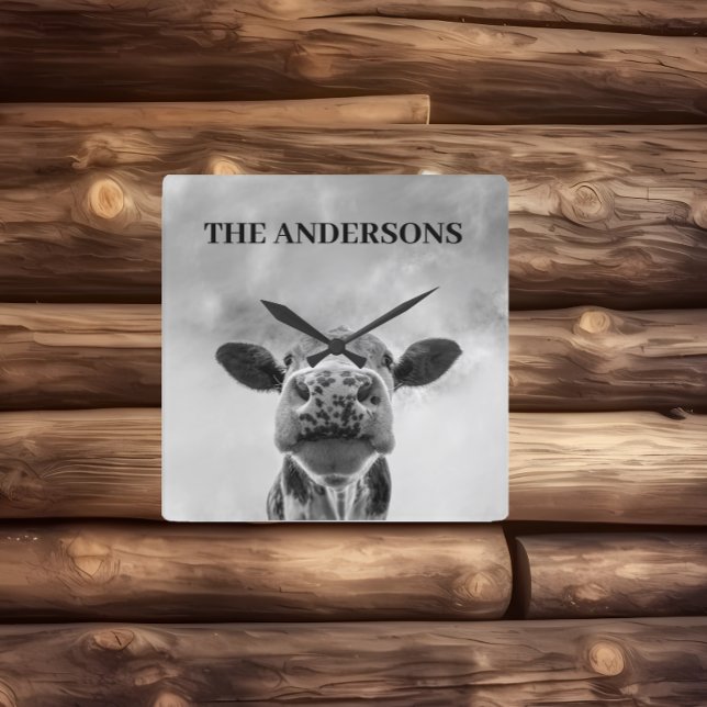 Carrée Peeking Vache Nuages Noir Blanc Carré Mur Horloge (Créateur téléchargé)