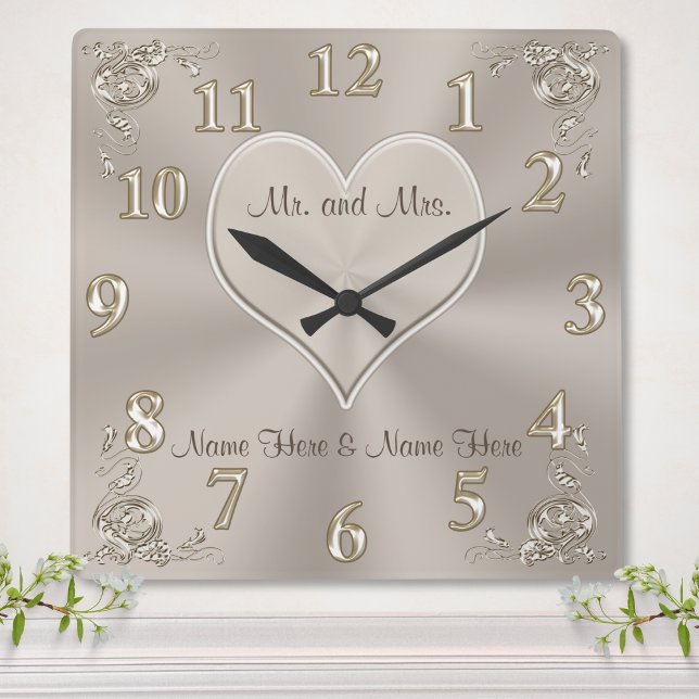 Carrée Personnalisable M. et Mme Gifts Horloge Champagne (Personalized Bridal shower gifts. Heart gift, Taupe Wall Clock. Personalized wall clock wedding gift)