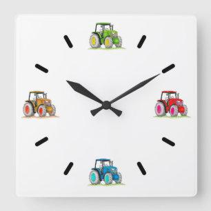 Carrée Petits Tracteurs, Horloge Mur Acrylique Blanche