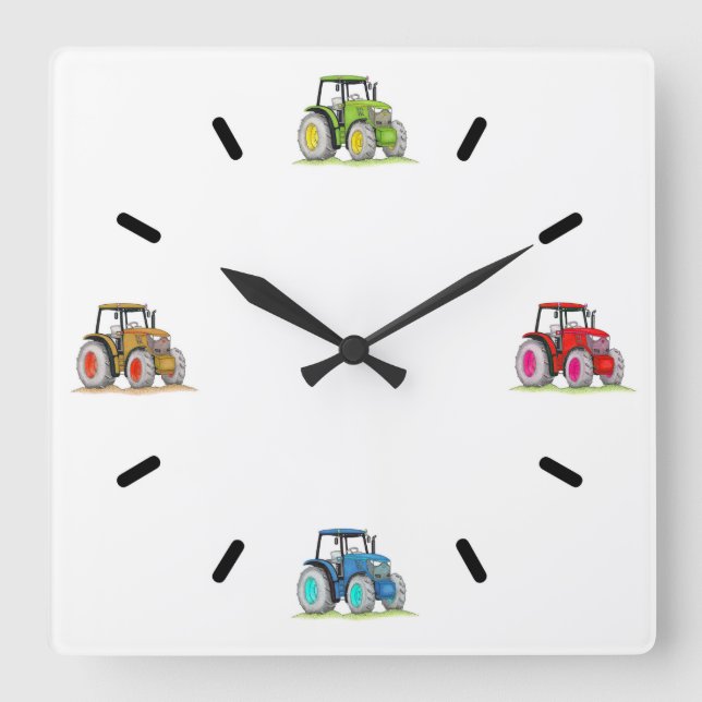 Carrée Petits Tracteurs, Horloge Mur Acrylique Blanche (Recto)