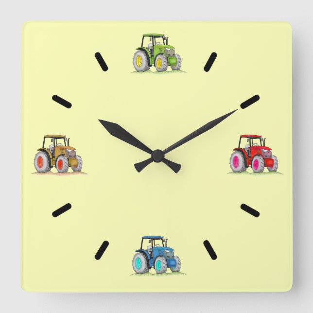 Carrée Petits Tracteurs, Horloge Mural Acrylique Citron (Recto)
