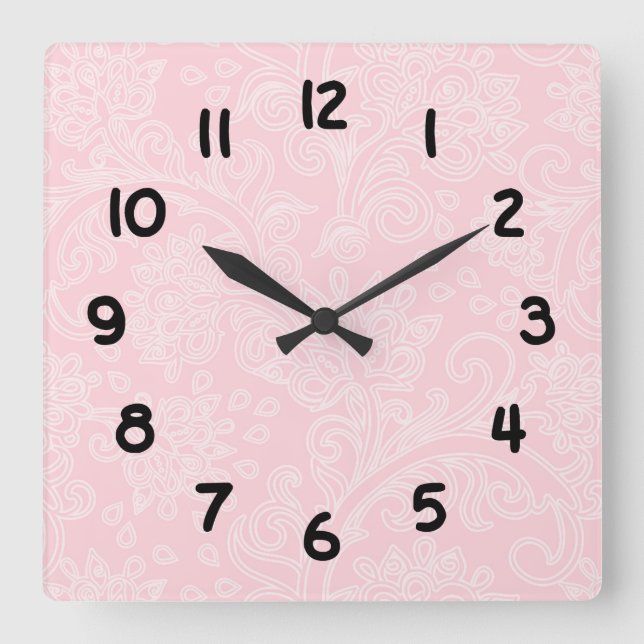 Carrée Pink damask bébé fille crèche moderne horloge mura (Recto)