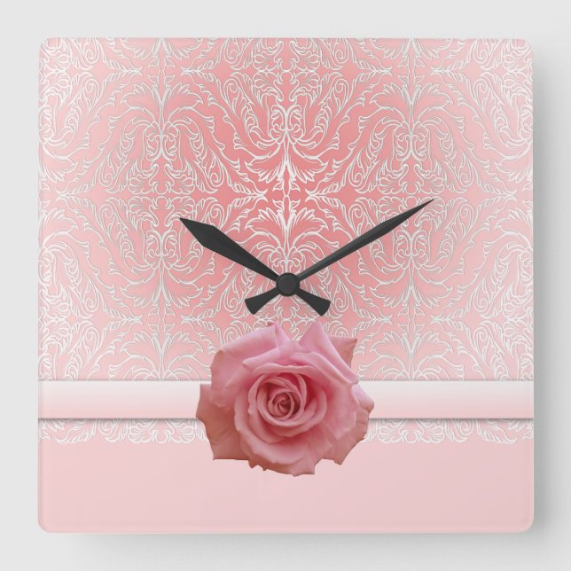 Carrée Pink Lace Damask Beauté Rose Horloge (Recto)