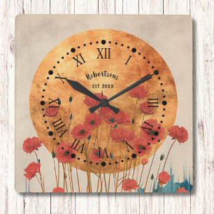 Carrée Poppies rouges Floral Rustique Monogramme Horloge