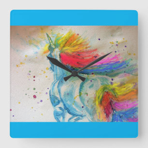 Carrée Rainbow Unicorn Watercolor Girls Nursery Horloge