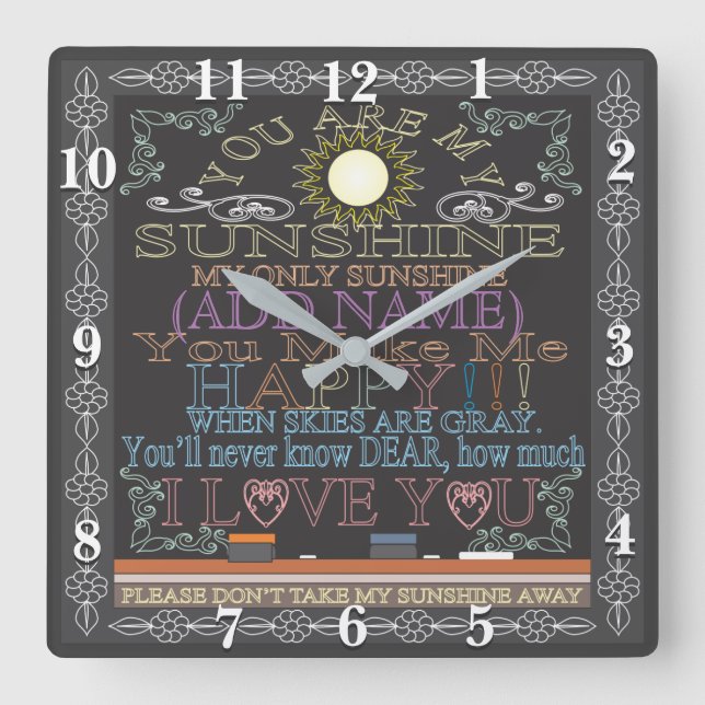 Carrée Retro Chalkboard Vous Êtes Mon Sunshine Horloge (Recto)