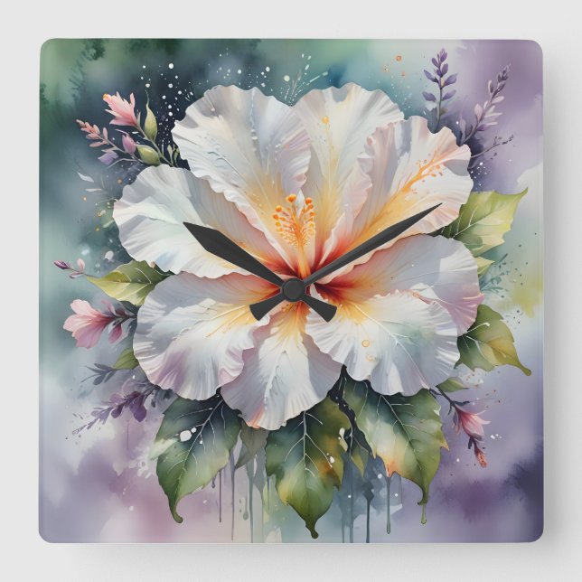Carrée rêve de hibiscus blanc horloge (Recto)