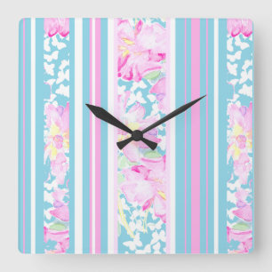 Carrée Roses Roses Roses Roses Turquoises : Horloge Mur C