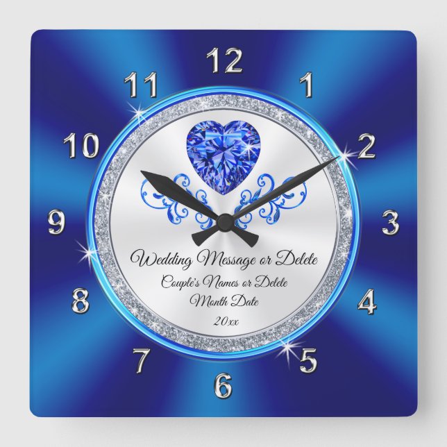 Carrée Royal Blue, Blanc Personnalisé Horloge Mariage Cad (Recto)