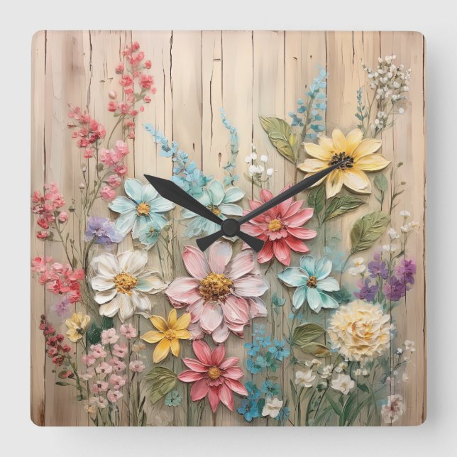 Carrée Shabby Chic Fleurs Horloge Mur (Recto)