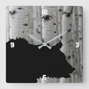 Carrée Silhouette Ours Noir Aspen Arbre Arbre Mur Horloge
