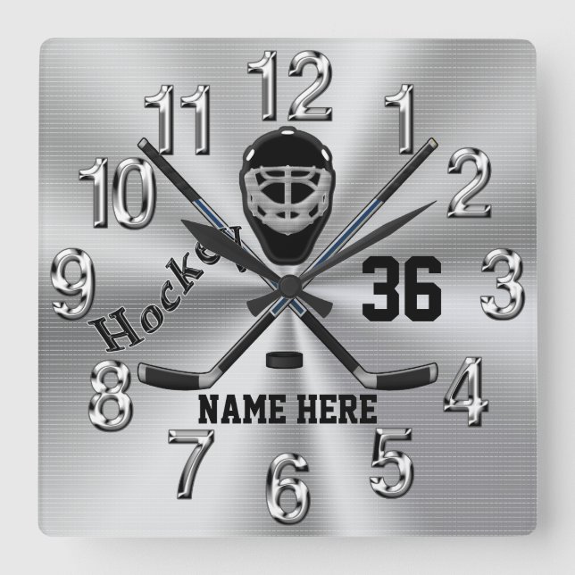 Carrée Super Cool PERSONNALISÉ Horloge de hockey pour gar (Recto)