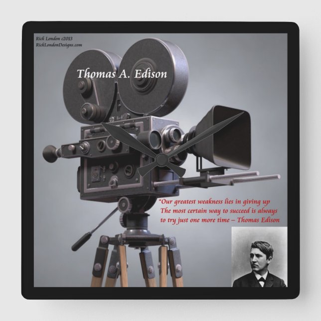 Carrée Thomas Edison Citation "One More Time" Horloge mur (Recto)