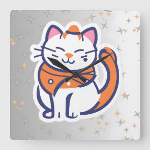 Carrée Un chat tuxedo blanc et rose très heureux Horloge