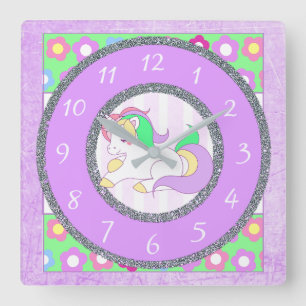 Carrée Unicorne Horloge avec des fleurs violettes et vert