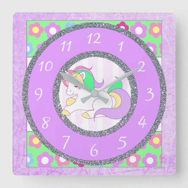 Carrée Unicorne Horloge avec des fleurs violettes et vert (Recto)