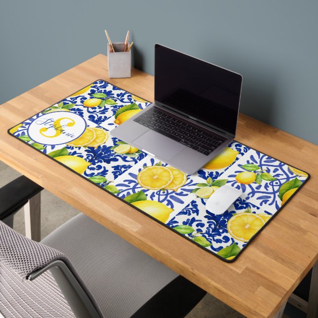 Carrelage à motif de citron blanc bleu Monogramme  (Bureau 2)