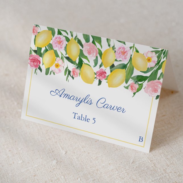 Carrelage bleu citron choix de repas Mariage carte (Lemons with pink flowers individual place card design with blue and white Italian tile print)