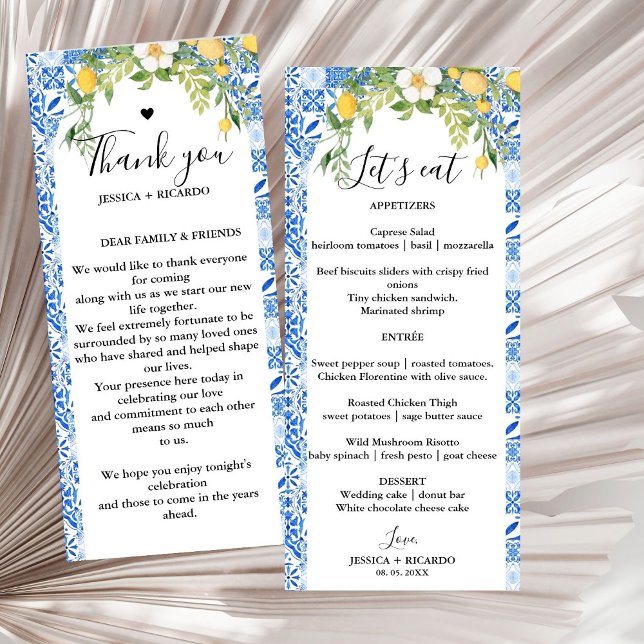 Carrelage bleu & Citron mariage Menu et Carte de r (Créateur téléchargé)