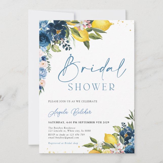 Carrelage bleu Citron nuptiale douche Invitation (Devant)