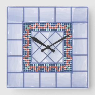 Carrelage bleu et horloge en mosaïque