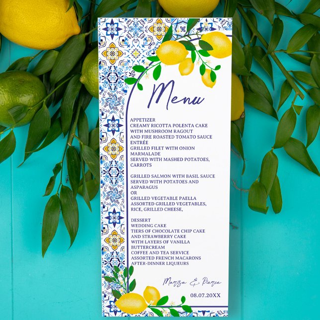 Carrelage bleu italien aquarelle citron menu maria (Créateur téléchargé)