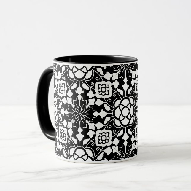 Carrelage marocain floral, Mug noir et blanc (Devant gauche)
