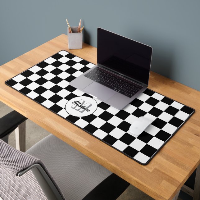 Carrés à damier Noir et Blanc monogramme rétro  (Bureau 2)