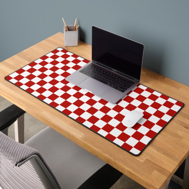 Carrés à damier rouge blanc géométrique rétro (Bureau 2)